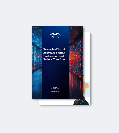 Cover of the Nisos report titled "Executive Digital Exposure Trends: Understand and Reduce Your Risk," featuring a blue and red data center design.