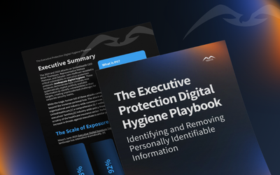 Mockup of The Executive Protection Digital Hygiene Playbook showing the cover and interior pages focused on identifying and removing personally identifiable information for executive security.