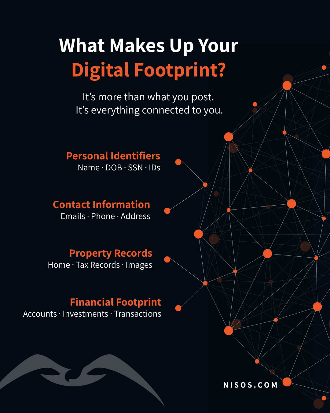 Digital footprint exposure visualization showing personal data categories like identifiers, contact information, property records, and financial data connected through a network