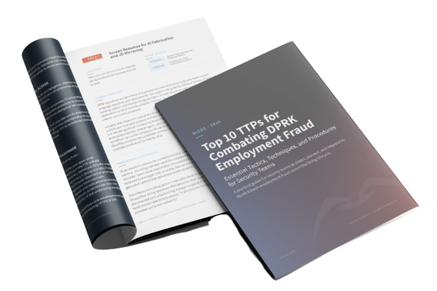 3D mockup of the Nisos guide Top 10 TTPs for Combating DPRK Employment Fraud showing the cover and interior pages.