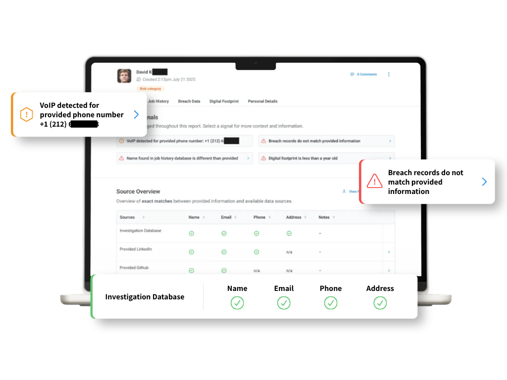 Nisos Identity Integrity dashboard showing identity risk signals and source verification results.